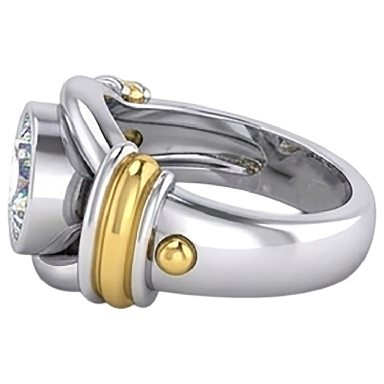 Bague Homme Solitaire Diamant Deux Tons Sertie Lunette 2 Carats