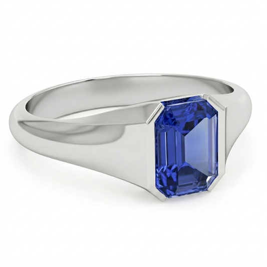 Bague Homme Solitaire Saphir Bleu Taille Émeraude Or Blanc 4 Carats Neuf