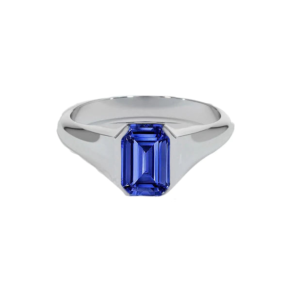 Bague Homme Solitaire Saphir Bleu Taille Émeraude Or Blanc 7 Carats Neuf