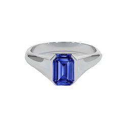 Bague Homme Solitaire Saphir Bleu Taille Émeraude Or Blanc 4 Carats Neuf