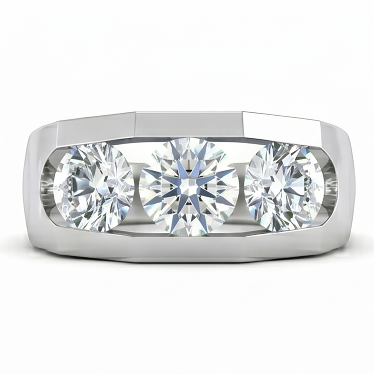 Bague Homme Trois Pierres Diamants Ronds de Laboratoire Or 14K