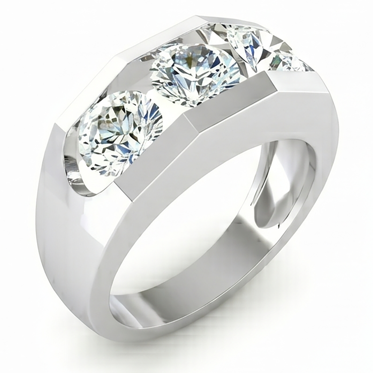 Bague Homme Trois Pierres Diamants Ronds de Laboratoire Or 14K