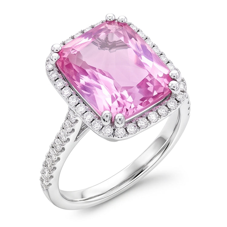 Bague Kunzite Coussin 34.50 Ct Avec Diamants Naturels Extraits des Mines ( et non cultivés en laboratoire ) Ronds Or Blanc 14K