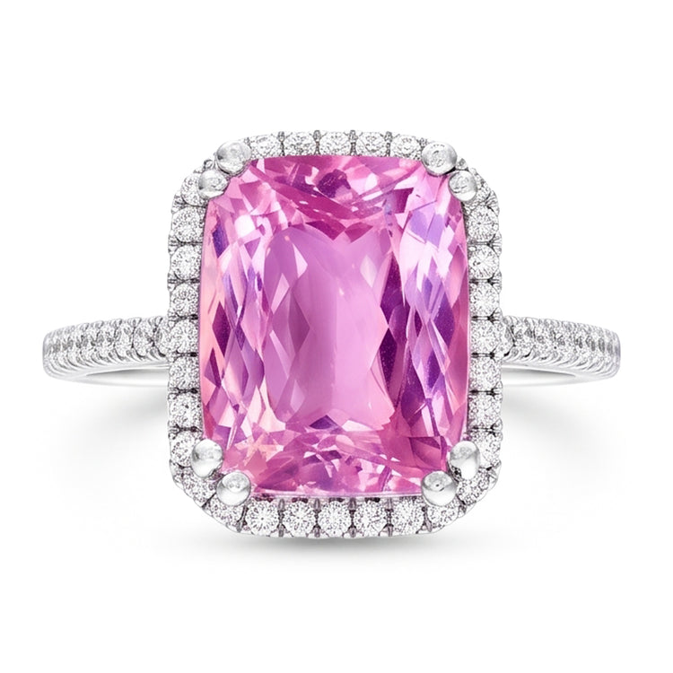 Bague Kunzite Coussin 34.50 Ct Avec Diamants Naturels Extraits des Mines ( et non cultivés en laboratoire ) Ronds Or Blanc 14K