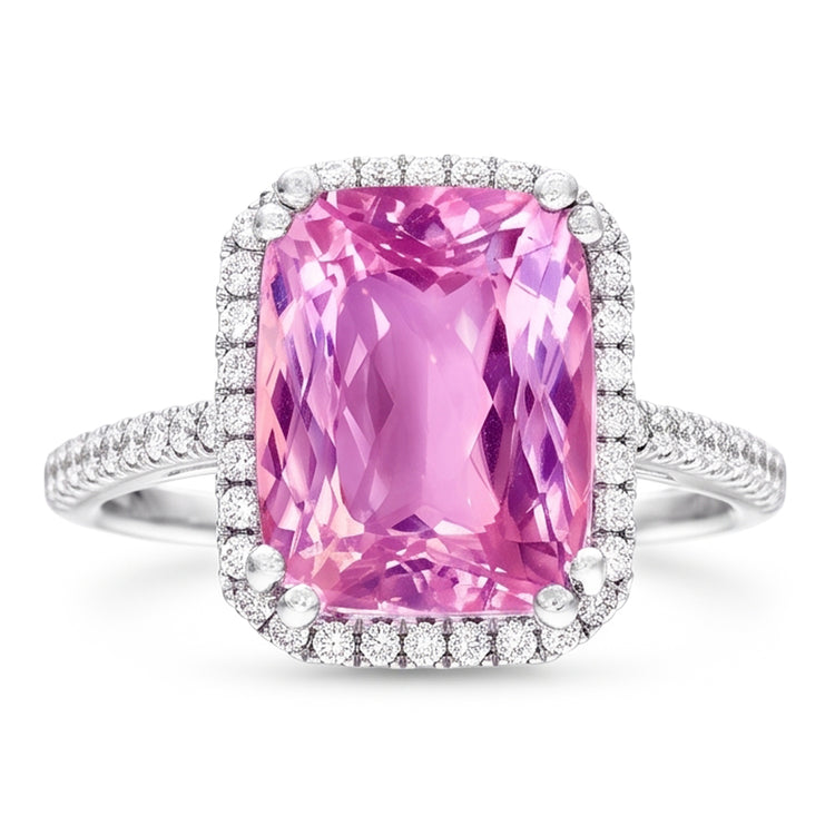 Bague Kunzite Coussin 34.50 Ct Avec Diamants Naturels Extraits des Mines ( et non cultivés en laboratoire ) Ronds Or Blanc 14K