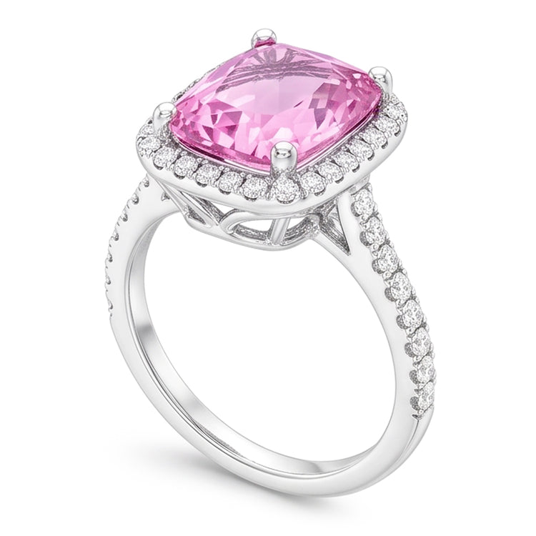 Bague Kunzite Coussin 34.50 Ct Avec Diamants Naturels Extraits des Mines ( et non cultivés en laboratoire ) Ronds Or Blanc 14K