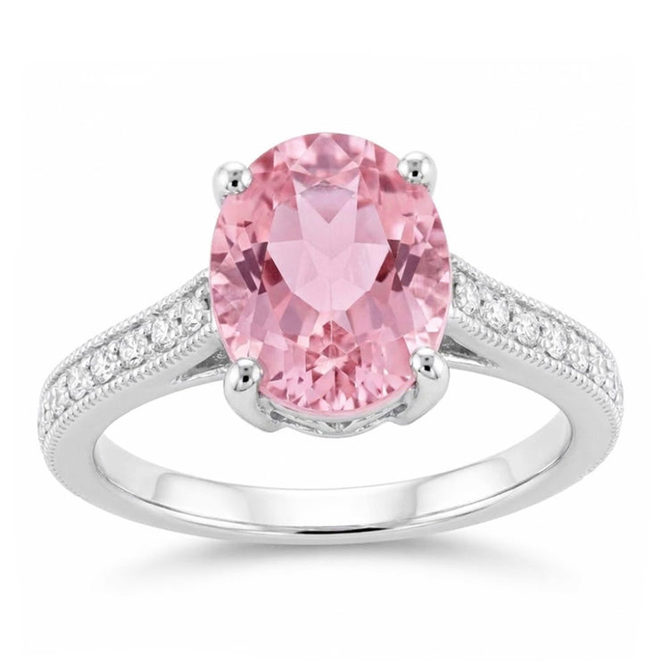 Bague Kunzite Rose Taille Ovale Et Diamants Naturels Extraits des Mines ( et non cultivés en laboratoire ) Or Blanc 14K 10.50 Ct