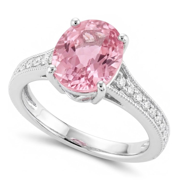 Bague Kunzite Rose Taille Ovale Et Diamants Naturels Extraits des Mines ( et non cultivés en laboratoire ) Or Blanc 14K 10.50 Ct