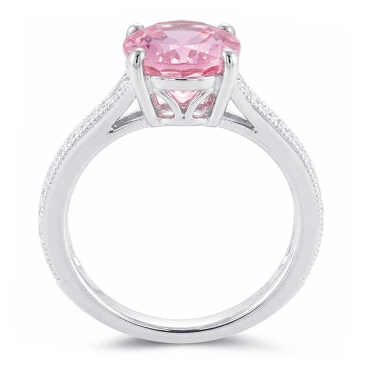 Bague Kunzite Rose Taille Ovale Et Diamants Naturels Extraits des Mines ( et non cultivés en laboratoire ) Or Blanc 14K 10.50 Ct