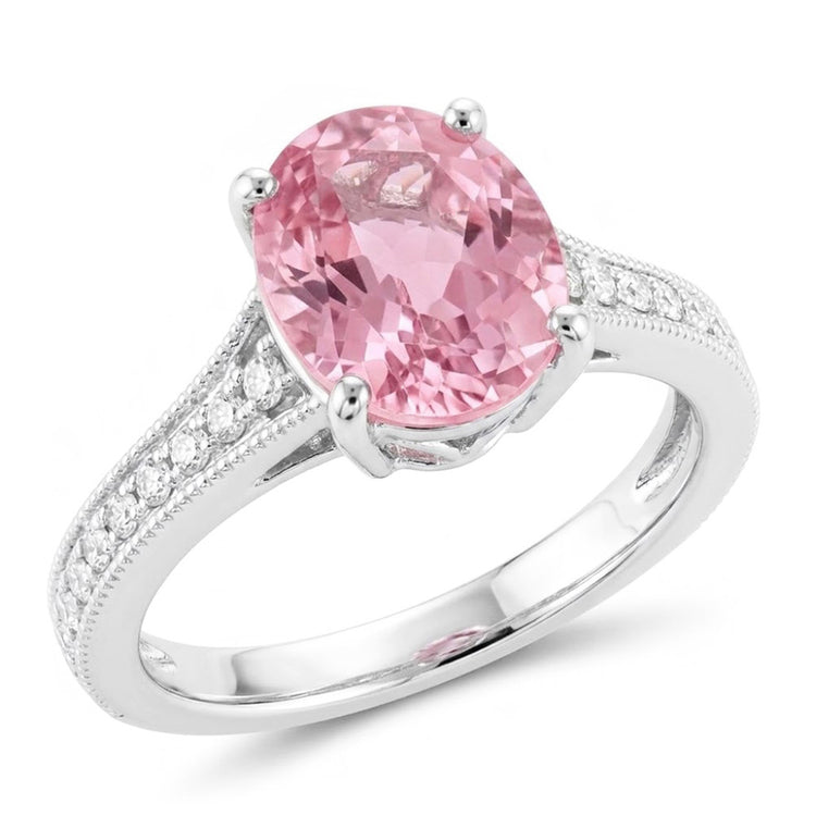 Bague Kunzite Rose Taille Ovale Et Diamants Naturels Extraits des Mines ( et non cultivés en laboratoire ) Or Blanc 14K 10.50 Ct