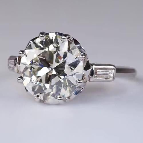 Bague Mariage Trois Pierres Ancienne Taille Ronde & Réel Diamants Baguette 3.25 Carats