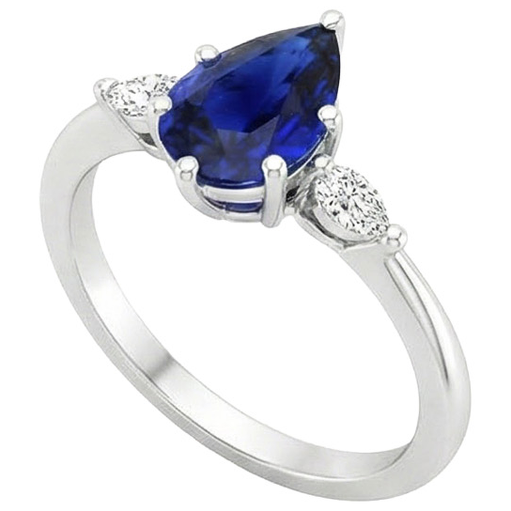 Bague Marquise Diamant Naturels Extraits des Mines ( et non cultivés en laboratoire ) Trois Pierres Poire Saphir Ceylan 3 Carats