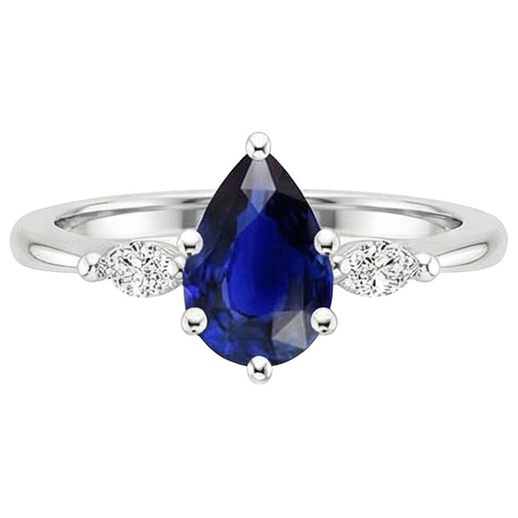 Bague Marquise Diamant Naturels Extraits des Mines ( et non cultivés en laboratoire ) Trois Pierres Poire Saphir Ceylan 3 Carats