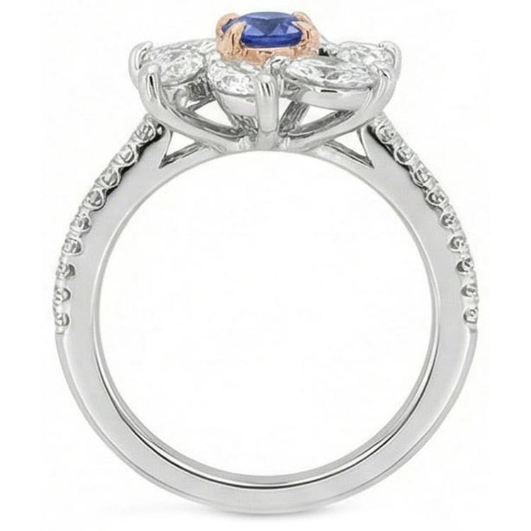 Bague Marquise Diamant Saphir Rond Style Fleur 2.50 Carats Deux Tons