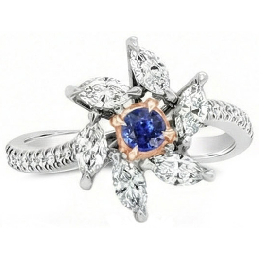 Bague Marquise Diamant Saphir Rond Style Fleur 2.50 Carats Deux Tons