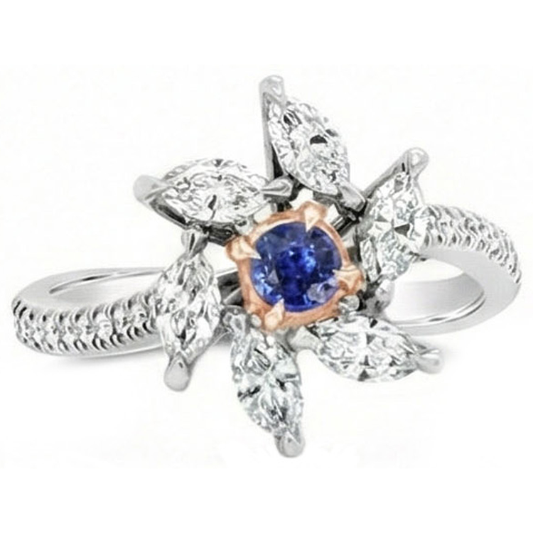 Bague Marquise Diamant Saphir Rond Style Fleur 2.50 Carats Deux Tons
