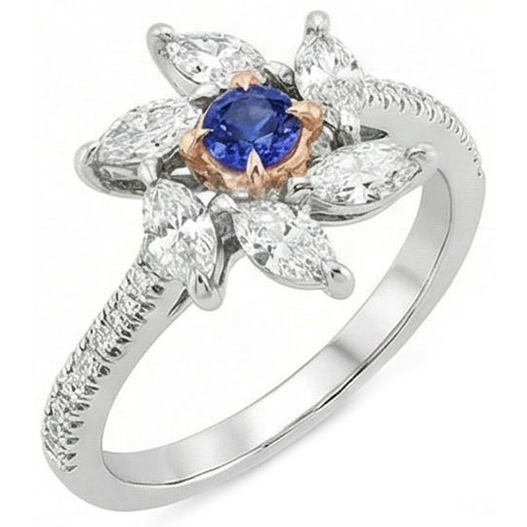 Bague Marquise Diamant Saphir Rond Style Fleur 2.50 Carats Deux Tons