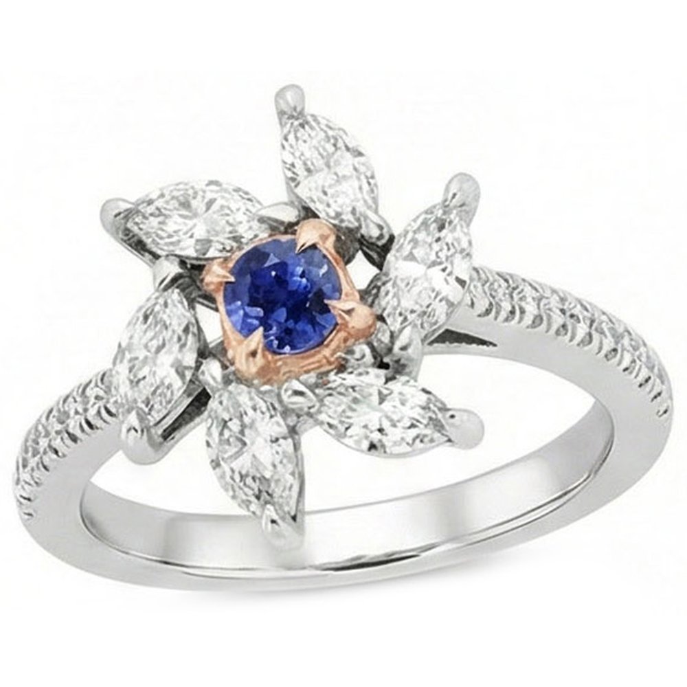 Bague Marquise Diamant Saphir Rond Style Fleur 2.50 Carats Deux Tons