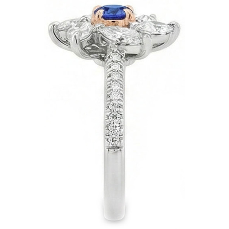 Bague Marquise Diamant Saphir Rond Style Fleur 2.50 Carats Deux Tons