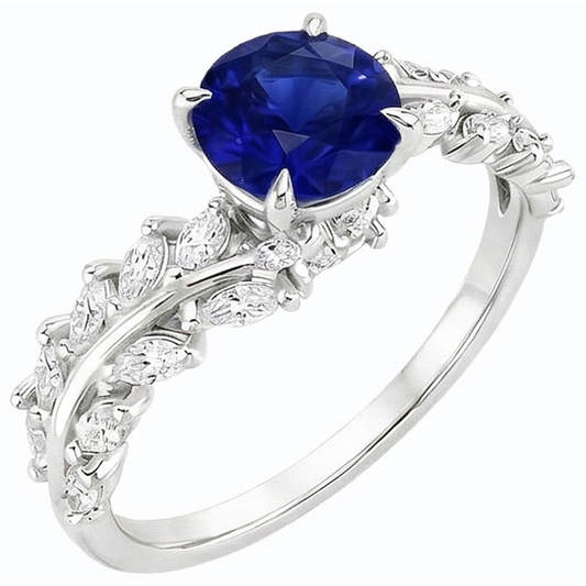 Bague Marquise Diamant & Saphir de Ceylan Rond Style Feuille 4.50 Carats
