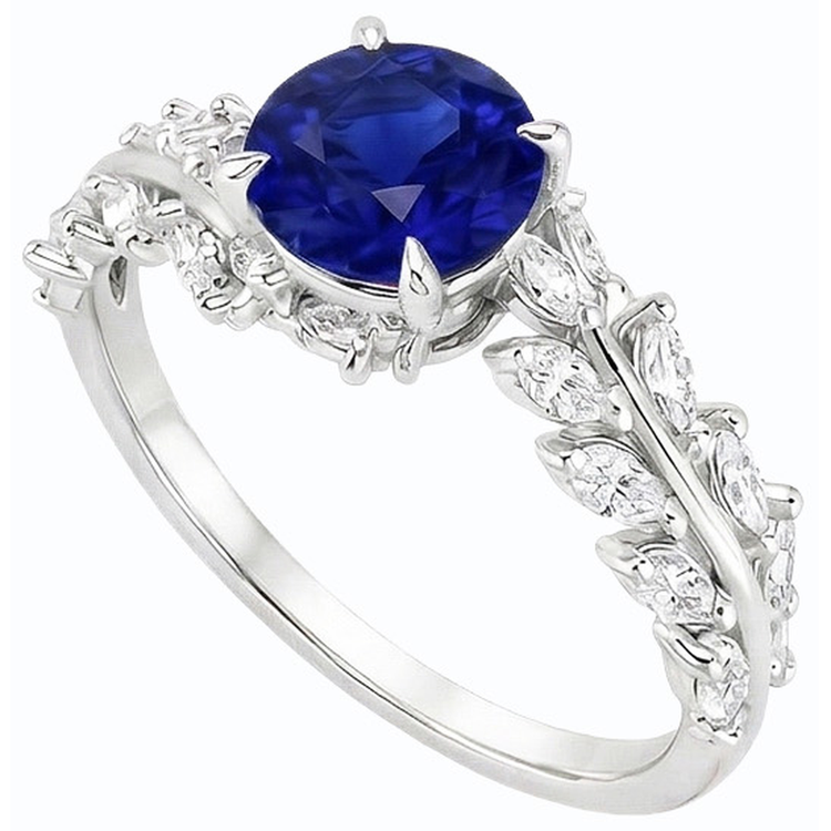 Bague Marquise Diamant & Saphir de Ceylan Rond Style Feuille 4.50 Carats