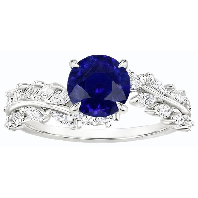 Bague Marquise Diamant & Saphir de Ceylan Rond Style Feuille 4.50 Carats