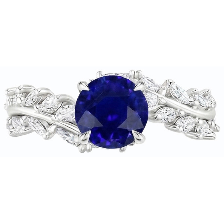 Bague Marquise Diamant & Saphir de Ceylan Rond Style Feuille 4.50 Carats