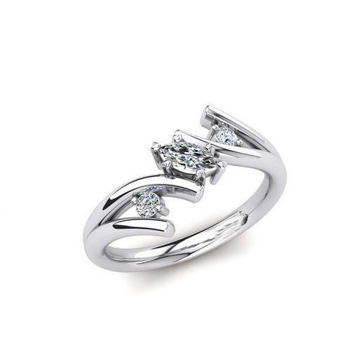 Bague Marquise Et Réel Diamants Taille Ronde 3 Pierres 1.50 Ct Or Blanc 14K