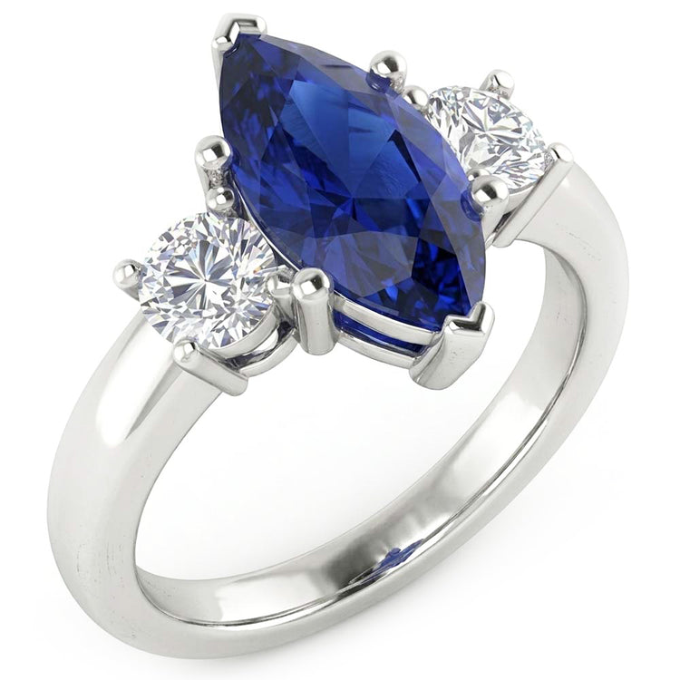 Bague Marquise Et Taille Ronde 2.50 Ct Saphir Et Diamants Naturels Extraits des Mines ( et non cultivés en laboratoire ) Or Blanc