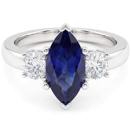 Bague Marquise Et Taille Ronde 2.50 Ct Saphir Et Diamants Naturels Extraits des Mines ( et non cultivés en laboratoire ) Or Blanc