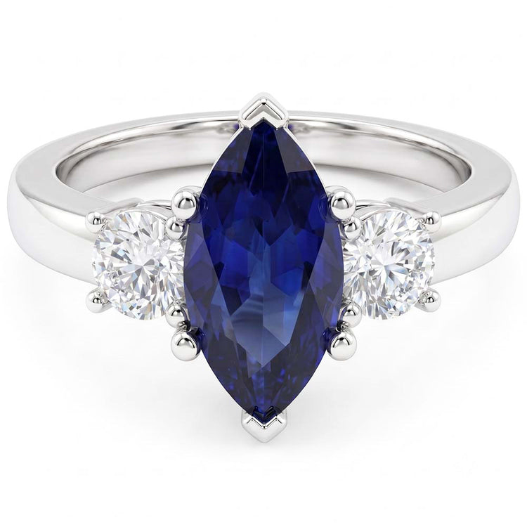 Bague Marquise Et Taille Ronde 2.50 Ct Saphir Et Diamants Naturels Extraits des Mines ( et non cultivés en laboratoire ) Or Blanc
