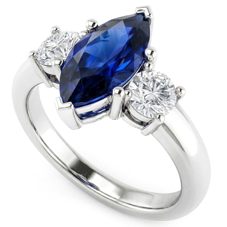 Bague Marquise Et Taille Ronde 2.50 Ct Saphir Et Diamants Naturels Extraits des Mines ( et non cultivés en laboratoire ) Or Blanc