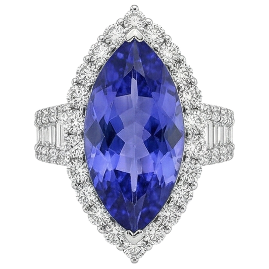 Bague Marquise Tanzanite Et Diamant 17.25 Ct Or Blanc 14K