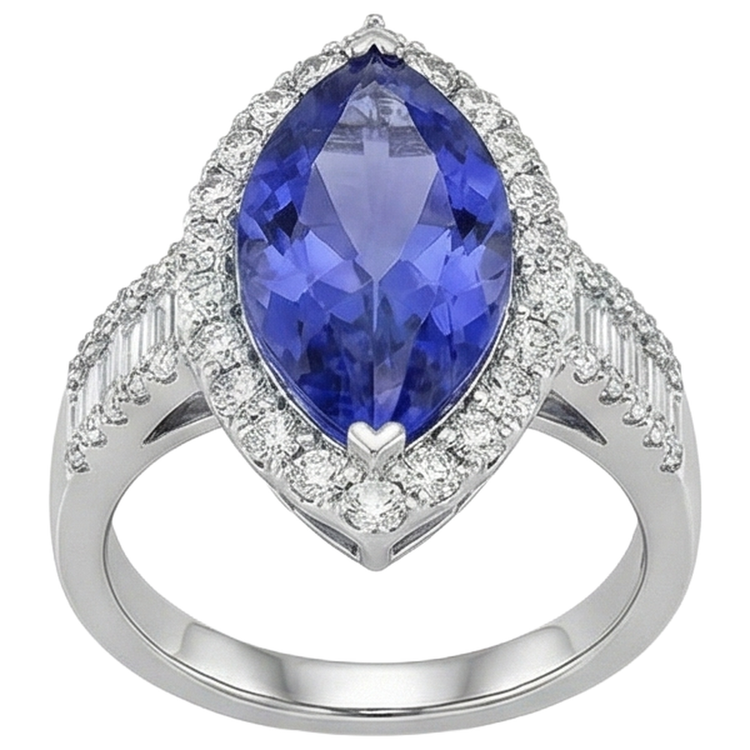 Bague Marquise Tanzanite Et Diamant 17.25 Ct Or Blanc 14K