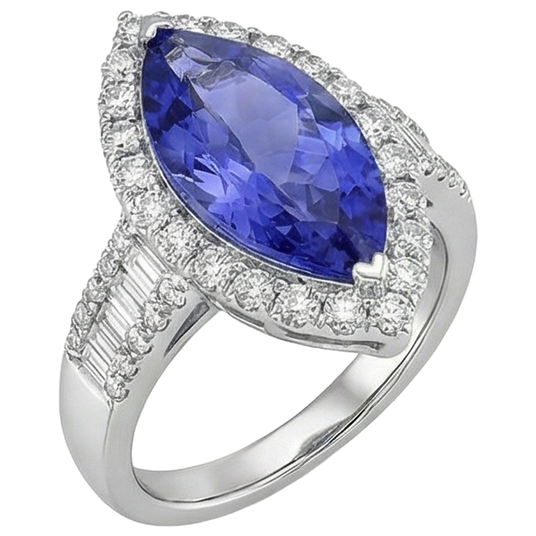 Bague Marquise Tanzanite Et Diamant 17.25 Ct Or Blanc 14K