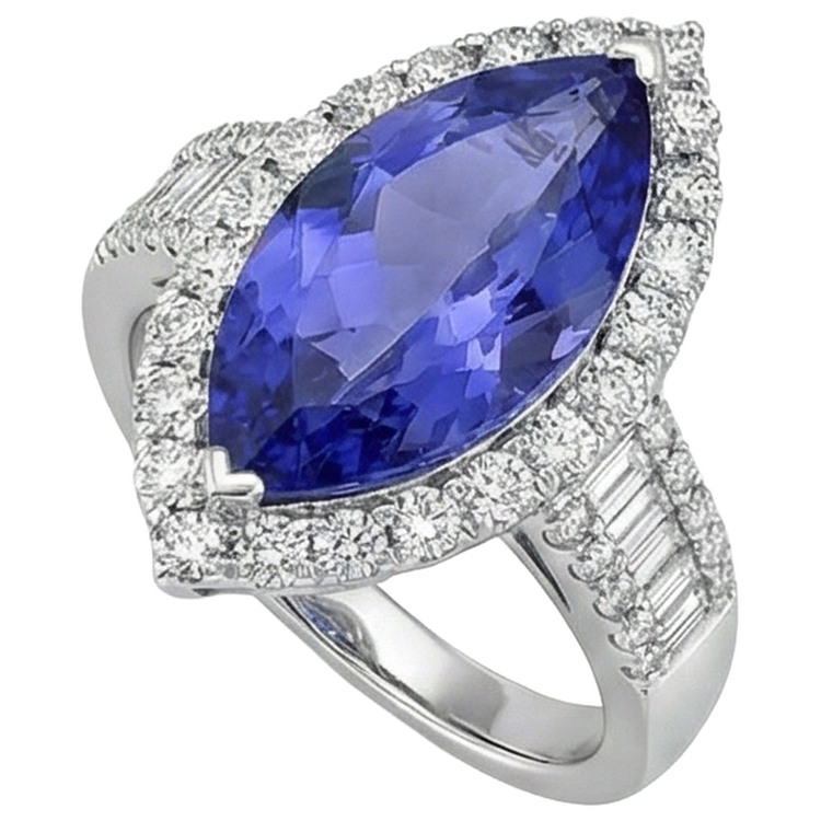 Bague Marquise Tanzanite Et Diamant 17.25 Ct Or Blanc 14K
