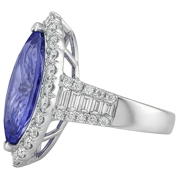 Bague Marquise Tanzanite Et Diamant 17.25 Ct Or Blanc 14K