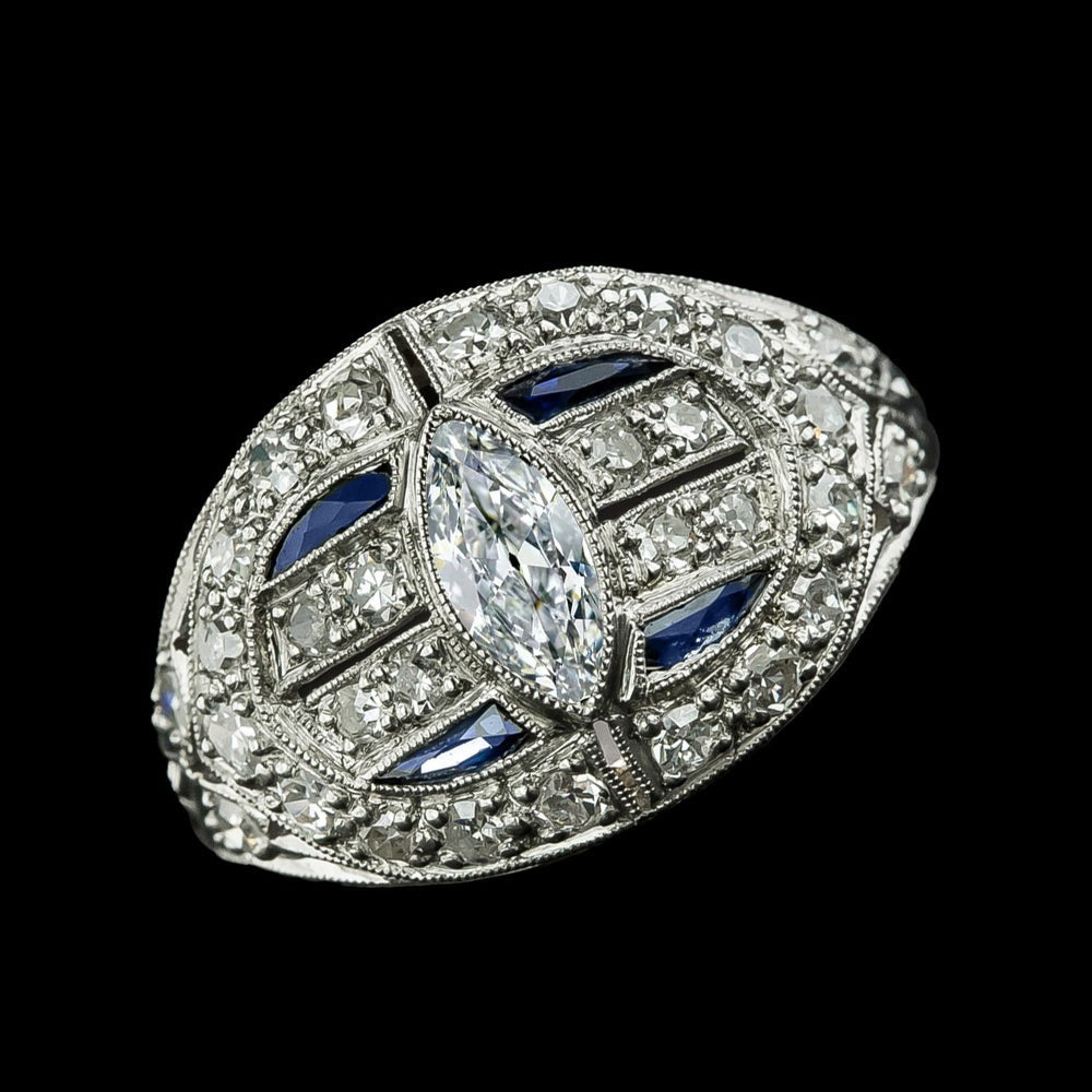 Bague Marquise Vieux mineur Réel Diamant & Saphir Bleu Milgrain 3.25 Carats