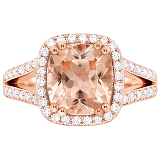 Bague Morganite Coussin 15 Ct Et Diamants Naturels Extraits des Mines ( et non cultivés en laboratoire ) Ronds Or Rose 14K
