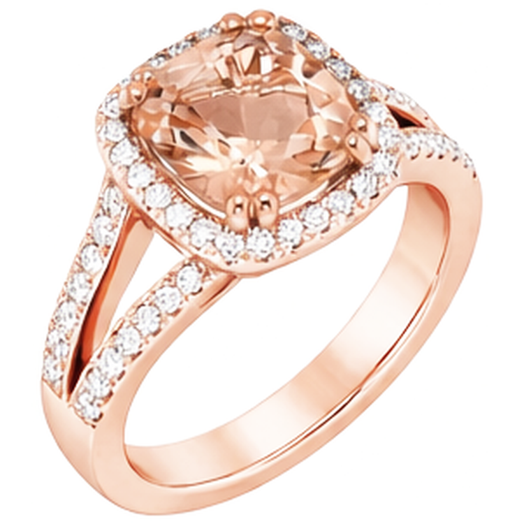 Bague Morganite Coussin 15 Ct Et Diamants Naturels Extraits des Mines ( et non cultivés en laboratoire ) Ronds Or Rose 14K