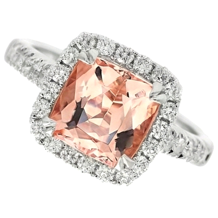 Bague Morganite Coussin Et Diamant 27 Ct Or Blanc 14K