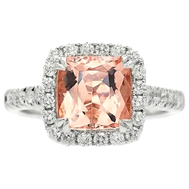 Bague Morganite Coussin Et Diamant 27 Ct Or Blanc 14K