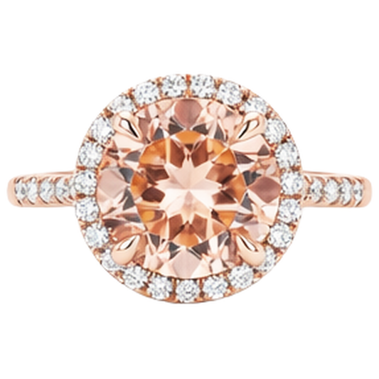 Bague Morganite Et Diamants Naturels Extraits des Mines ( et non cultivés en laboratoire ) Taille Ronde 11.50 Ct Or Rose 14K