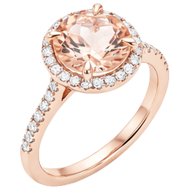 Bague Morganite Et Diamants Naturels Extraits des Mines ( et non cultivés en laboratoire ) Taille Ronde 11.50 Ct Or Rose 14K