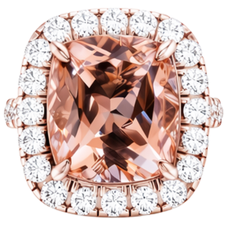 Bague Morganite Gros Coussin 12,50 Cts Avec Diamants Or Rose 14K