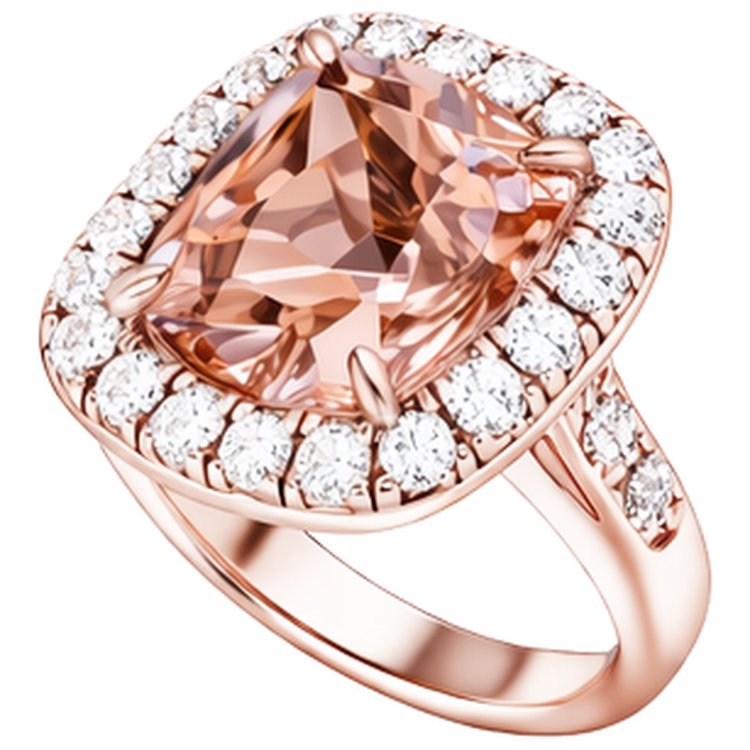 Bague Morganite Gros Coussin 12,50 Cts Avec Diamants Or Rose 14K