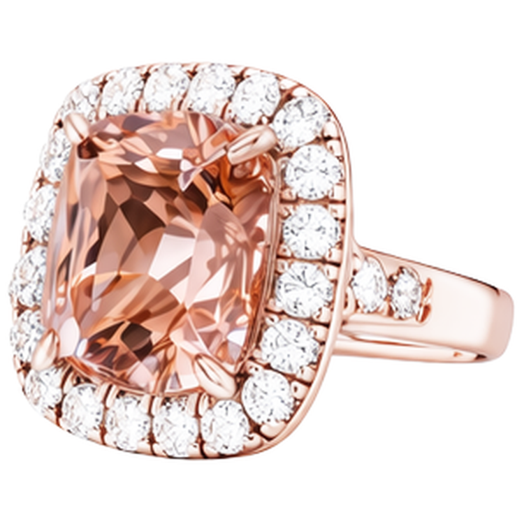 Bague Morganite Gros Coussin 12,50 Cts Avec Diamants Or Rose 14K