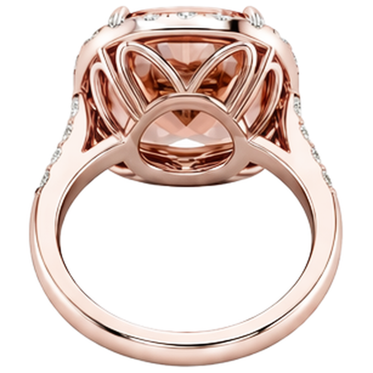 Bague Morganite Gros Coussin 12,50 Cts Avec Diamants Or Rose 14K