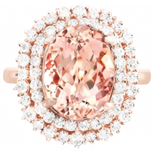 Bague Morganite Ovale Et Diamants Naturels Extraits des Mines ( et non cultivés en laboratoire ) Ronds 14 Ct Or Rose 14K