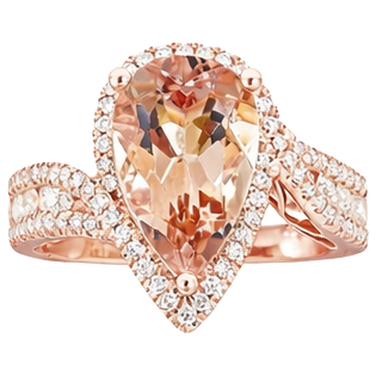 Bague Morganite Poire 9 Carats Avec Diamants Naturels Extraits des Mines ( et non cultivés en laboratoire ) Ronds Or Rose 14K